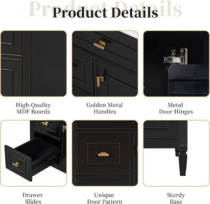 30" Bathroom Vanity with Ceramic Sink, 1 Flip Drawer & 2 Side Drawers, Modern Freestanding Storage Cabinet w/Adjustable Shelf & Golden Metal Handles, Solid Wood Frame, Black