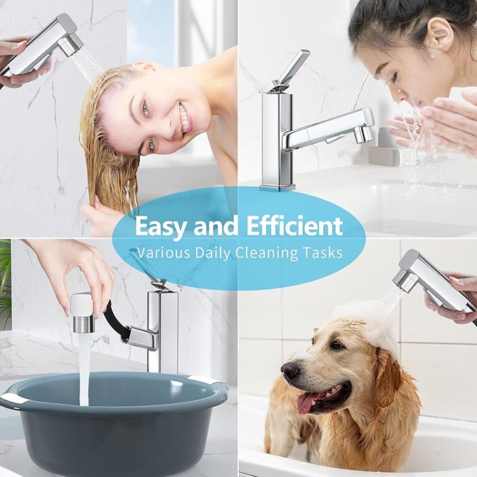Collage of a person using a faucet for various tasks including washing hair, cleaning a dog, and rinsing a bowl.