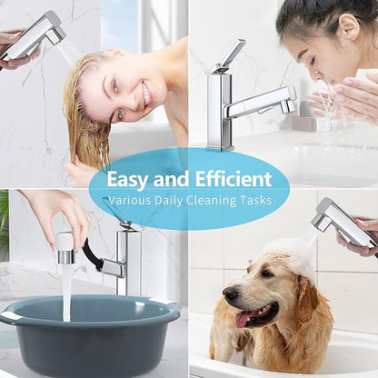 Collage of a person using a faucet for various tasks including washing hair, cleaning a dog, and rinsing a bowl.