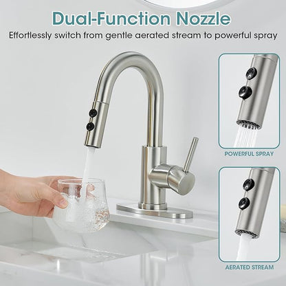 Brushed Nickel Bathroom Faucet with Pull Down Sprayer, Single Hole Bathroom Faucet with Pop-up Drain and Flexible Hoses, 1 Handle Sink Faucets for Vanity, Modern Farmhouse, Vanity, Restroom