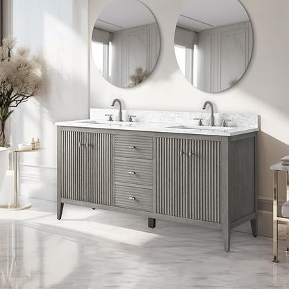 Vanity Art 60 inch Bathroom Vanity with Double Sink & Ceramic Top, Vanity Cabinet with Soft-Closing Door, Solid Wood Frame, Linear Pattern, Driftwood Gray, Golden Brushed Handware VA91360-DDG-GB