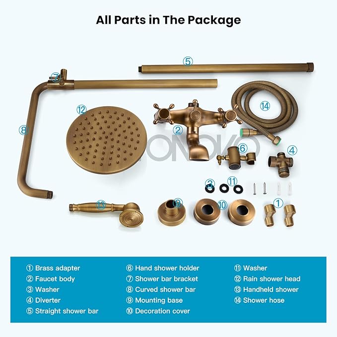 gotonovo Exposed Bathroom Shower Faucet Wall Mounted Shower System 8 Inch Shower Head and Tub Spout Double Cross Handles Adjustable Handheld Sprayer Straight Pipe Antique Brass