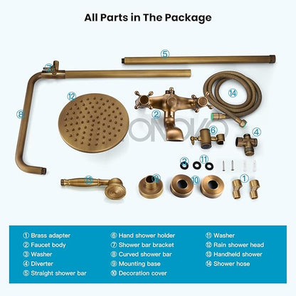 gotonovo Exposed Bathroom Shower Faucet Wall Mounted Shower System 8 Inch Shower Head and Tub Spout Double Cross Handles Adjustable Handheld Sprayer Straight Pipe Antique Brass