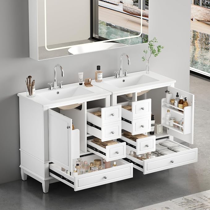 60 Inch Bathroom Vanity with Double Sink, 60 Double Sink Bathroom Vanity, Bathroom Vanity 60" Double Sink with 6 Drawers, 2 Cabinets and 2 Door with Shelves (White)