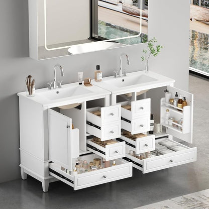 60 Inch Bathroom Vanity with Double Sink, 60 Double Sink Bathroom Vanity, Bathroom Vanity 60" Double Sink with 6 Drawers, 2 Cabinets and 2 Door with Shelves (White)