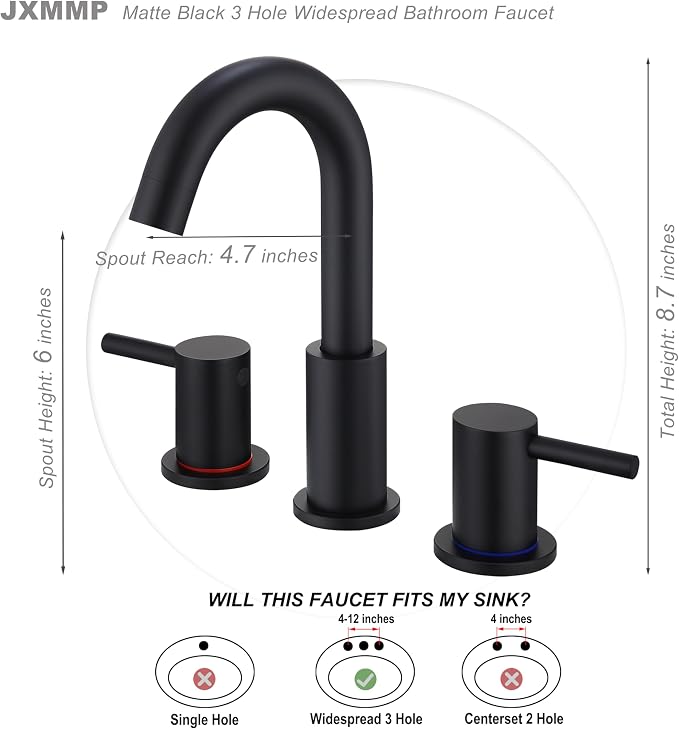 Black 3 Hole Bathroom Faucet, 8 in Matte Black Widespread Bathroom Sink Faucet with Pop Up Drain and Supply Lines, Stainless Steel 2 Handle Black Faucet for Vanity
