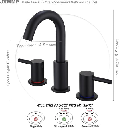 Black 3 Hole Bathroom Faucet, 8 in Matte Black Widespread Bathroom Sink Faucet with Pop Up Drain and Supply Lines, Stainless Steel 2 Handle Black Faucet for Vanity