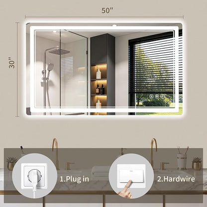 30"x50" LED Bathroom Mirror with Lights, Backlit + Front Lit, Anti-Fog, Lighted Bathroom Mirror for Wall, HD Shatterproof Tempered Glass, Dimmable, Memory Function (Horizontal/Vertical)