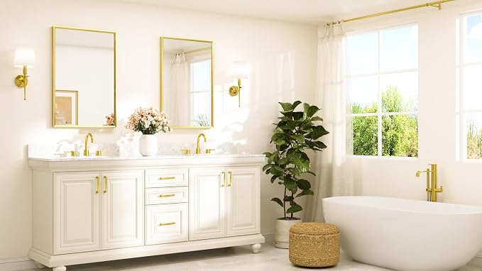 Brushed Gold Mirror for Bathroom Sink 24" x 36" Beveled Frame Brushed Brass Gold Vanity Rectangle Mirror for Bathroom Wall, Modern Farmhouse, Tempered Glass, Stronger Frame