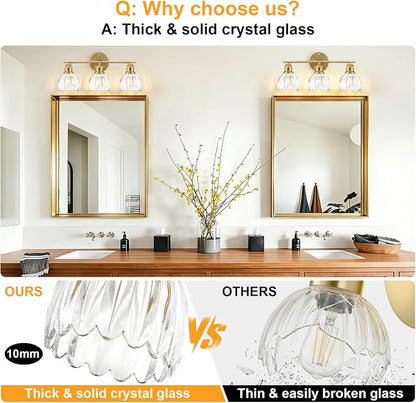 Bathroom Light Fixtures, 3-Light Brushed Gold Vanity Lights for Bathroom with Clear Tulip Glass Shade, 20" Vintage Bathroom Vanity Lighting Fixtures Over Mirror for Bedroom Living Room Hallway