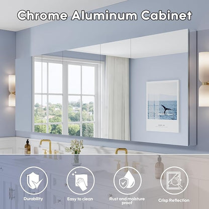 104" x 36" Bathroom Medicine Cabinet with Mirror, Anodized Chrome Aluminum Frame, Surface Mount or Recessed Medicine Cabinet with Mirror, Bathroom Mirror with Storage, Five Doors