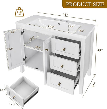 DWVO 36 Inch Bathroom Vanity with Sink, Modern Bathroom Storage Cabinet with Resin Basin, Three Holes, 2 Doors & 3 Drawers