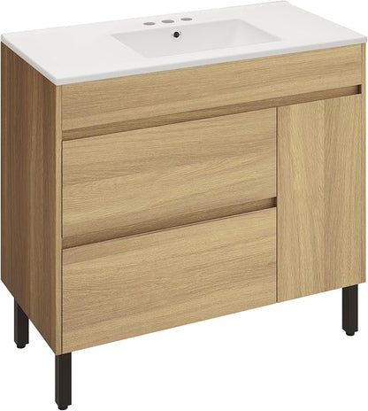 YITAHOME 36 Inch Bathroom Vanity with Sink | Bathroom Cabinet Vanity, Freestanding Storage Bathroom Vanity with 1 Soft Closing Cabinet & 2 Drawers, Natural Brown