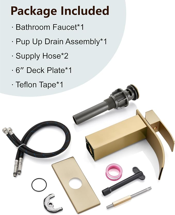 Midanya Waterfall Bathroom Faucet 1 Hole,Brushed Gold | with 24” Hoses,Pop Up Drain,6” Deck Plate,for 1 or 3 Hole Vanity,Lavatory,RV,Single Handle Bathroom Sink Faucet,NSF Certified