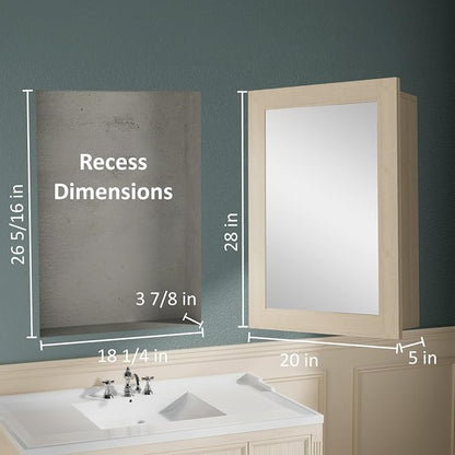 Buruis 20 x 28 Inch Bathroom Wood Medicine Cabinet Mirror, Oak Finish | Fully Assembled Design, Adjustable Glass Shelves, Soft-Close Hinges, Bathroom Storage Organizer, Left/Right Opening