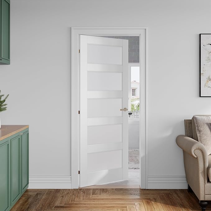 SMARTSTANDARD 28" x 80" Frosted Glass Pantry Door, Solid Core Slab Door | Pre-Assembled 5-Panel without Hardware, French Interior Door for Pantry Pocket, White Primed