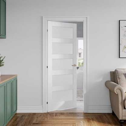 SMARTSTANDARD 28" x 80" Frosted Glass Pantry Door, Solid Core Slab Door | Pre-Assembled 5-Panel without Hardware, French Interior Door for Pantry Pocket, White Primed