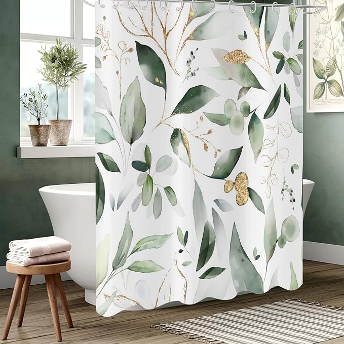 Green and Gold Leaf Shower Curtain, Sage Eucalyptus Leaves with Gold Branches Botanical Plants Fabric Bathroom Curtain Home Decor Waterproof Washable 12 Hooks, 72'' Lx60 W (GCI-8085)