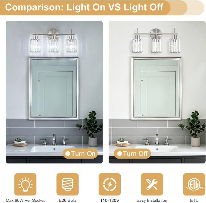 Brushed Nickel Bathroom Light Fixtures, Square, 3-Light | Vanity Lights with Crystal Shades, Modern Bathroom Lighting Fixtures over Mirror (Bulbs Not Included, E26)