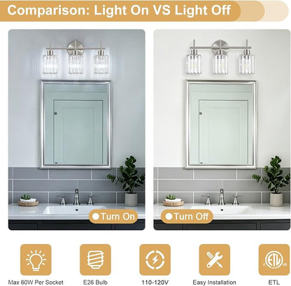 Brushed Nickel Bathroom Light Fixtures, Square, 3-Light | Vanity Lights with Crystal Shades, Modern Bathroom Lighting Fixtures over Mirror (Bulbs Not Included, E26)