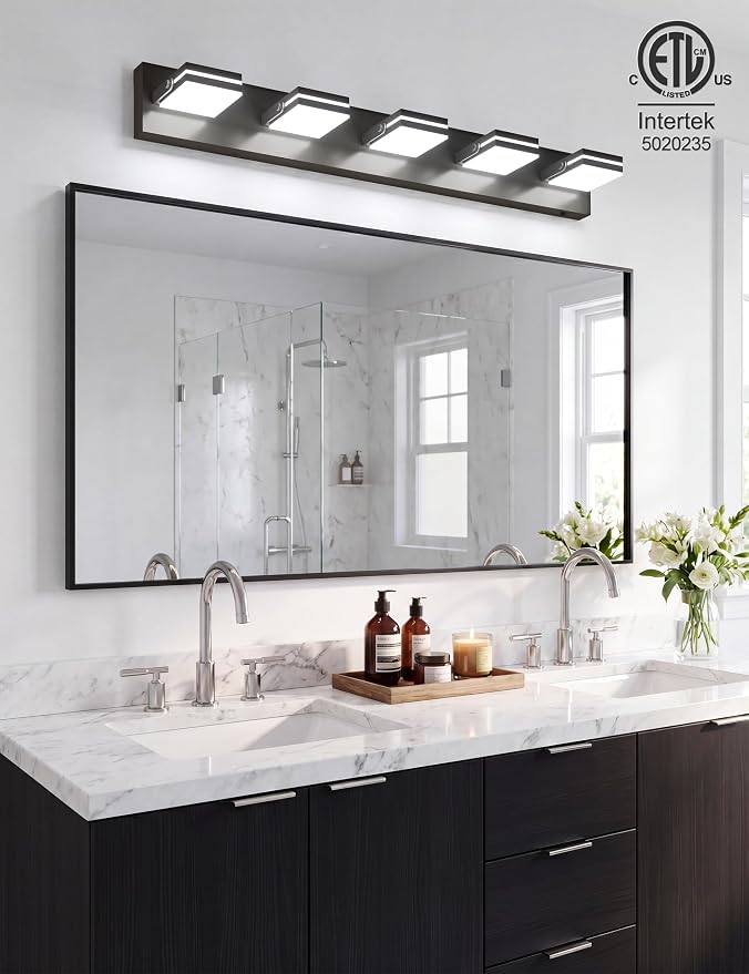 VOLISUN 5 Light Bathroom Vanity Light, 34.25 inch Dimmable Bathroom Light Fixtures Over Mirror, 5 Color Temperatures, 180°Rotatable Head, Black LED Vanity Lights for Bathrooms-ETL Certificated