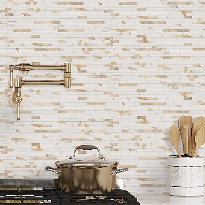 STICKGOO 2 Sheets Peel and Stick Backsplash Tile, Stick on Backsplash for Kitchen and Bathroom, Calacatta Gold Marble Look PVC Mixed Gold Self Adhesive Wall Tiles