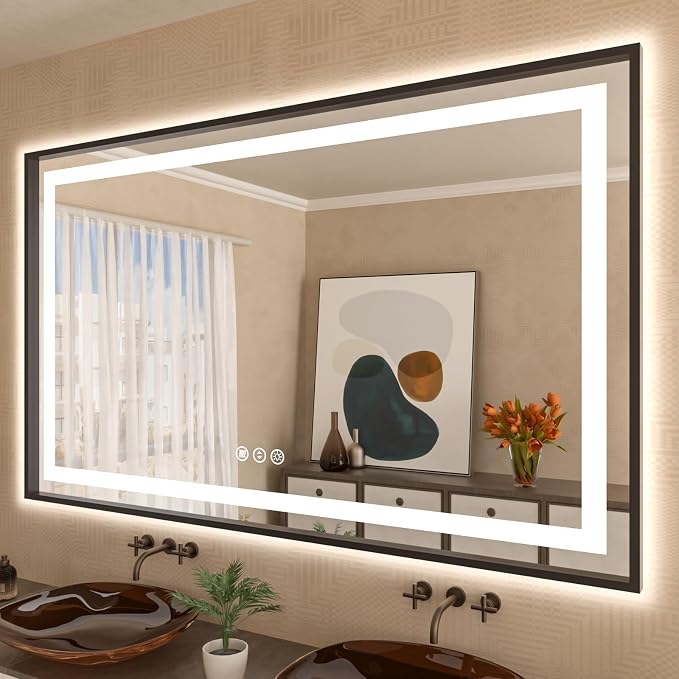 LED Bathroom Mirror, 60"X40" Front Lit and Backlit with Black Frame | Metal Framed Mirror, Stepless Dimmable, HD Reflection, Anti-Fog, Shatter-Proof, Memory, 3 Colors Lighting, UL Listed.