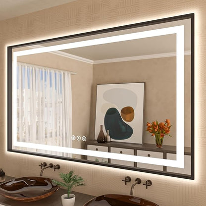 LED Bathroom Mirror, 60"X40" Front Lit and Backlit with Black Frame | Metal Framed Mirror, Stepless Dimmable, HD Reflection, Anti-Fog, Shatter-Proof, Memory, 3 Colors Lighting, UL Listed.