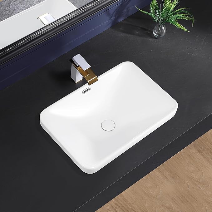 Vessel Sink 23"x16" Semi Recessed Bathroom Sink Drop-in White Bathroom Sink Porcelain Ceramic Modern Rectangular Sinks Drop-in Vanity Sinks with Overflow for Bathrooms