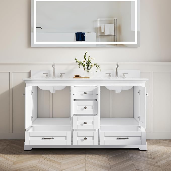 WELLFOR 60" Bathroom Vanity with Double Sinks, Bathroom Freestanding Vanity W/4 Soft-Close Doors and 6 Drawers, Large Storage Space Vanity, Engineered Stone Countertop Bathroom Vanity with Sink, White