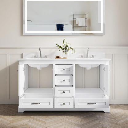 WELLFOR 60" Bathroom Vanity with Double Sinks, Bathroom Freestanding Vanity W/4 Soft-Close Doors and 6 Drawers, Large Storage Space Vanity, Engineered Stone Countertop Bathroom Vanity with Sink, White