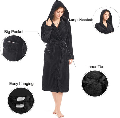 Inner Wish Women Hooded Plush Robe, Fleece Highly Absorbent Cozy Warm Bathrobe