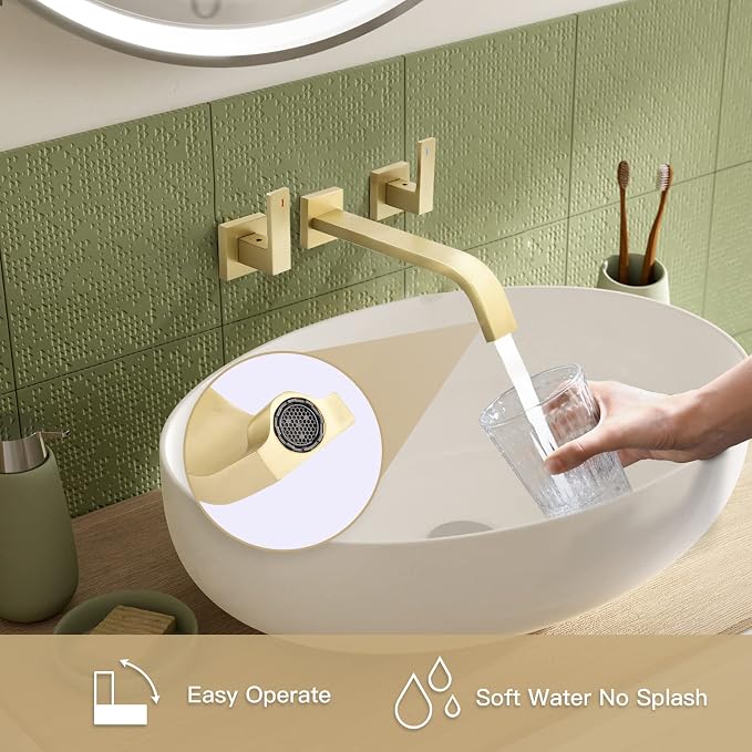 Brass Wall Mount Bathroom Faucet,Wall Mounted Vessel Sink Faucet with Dual Lever Handles,Widespread 3 Holes Wall Faucet for Vanity Lavatory Sink,Pop Up Without Overflow Drain Assembly Included