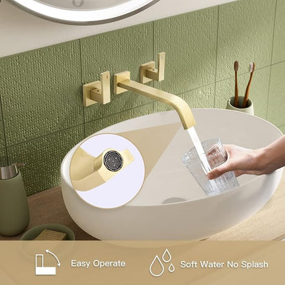 Brass Wall Mount Bathroom Faucet,Wall Mounted Vessel Sink Faucet with Dual Lever Handles,Widespread 3 Holes Wall Faucet for Vanity Lavatory Sink,Pop Up Without Overflow Drain Assembly Included