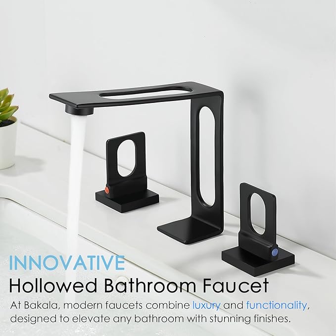 BAKALA Black Bathroom Faucet 3 Hole, 8-Inch Widespread Bathroom Sink Faucet, 2-Handle Matte Black Faucet Bathroom with Water Supply Hoses, Modern Hollowed Design