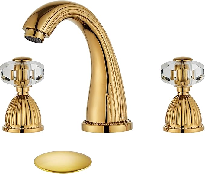 Wovier Shiny Polished Gold Widespread Bathroom Sink Faucet,Two Crystal Handle Three Hole Brass Lavatory Vanity Faucet,8-16 Inch Basin Mixer Tap Without Drain