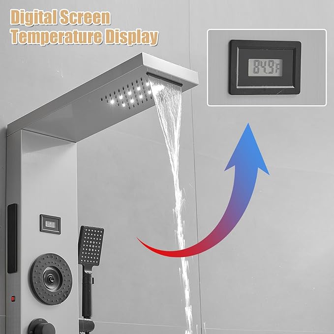 6 in 1 Shower Panel Tower System, Rainfall Shower Tower Systems w/LED and Digital Display Stainless Steel Shower Panels with Waterfall Tub Spout Massage Jets Handheld Head Nickel and Black
