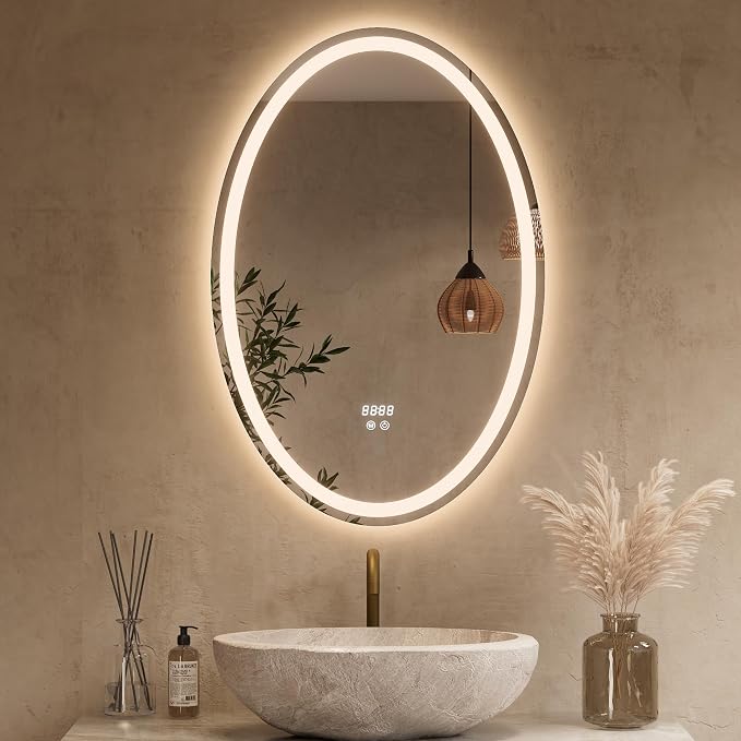 Keonjinn 24" x 36" Oval LED Bathroom Mirror with Frontlit and Backlit | HD Tempered Glass, 3 Colors Temperatures, Fast Defogging, Memory Function, Stepless Dimmable, Easy Install, Plug in/Hardwired