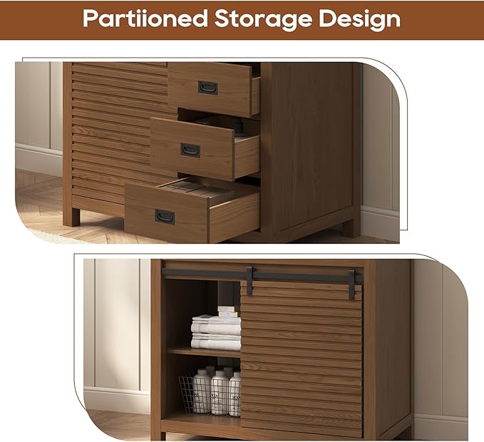36 Inch Bathroom Vanity with Sink, Farmhouse Solid Wood Frame Vanity with Sink, Sliding Barn Door Bathroom Storage Cabinet with Soft-Closing Dovetail Drawers, Brown Oak