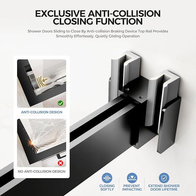 Frameless Stainless Steel Sliding Shower Door, 44-48" W x 76" H - 5/16" (8mm) Thick Tempered Glass Rust-Proof Glass Shower Door with Dual Tracks in Matte Black