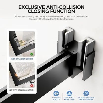 Frameless Stainless Steel Sliding Shower Door, 44-48" W x 76" H - 5/16" (8mm) Thick Tempered Glass Rust-Proof Glass Shower Door with Dual Tracks in Matte Black