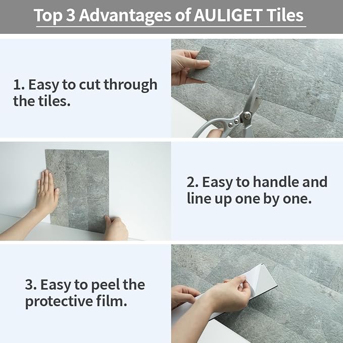 AULIGET 40-Piece Mountain Rock Peel and Stick Backsplash Wall Tiles, 3" x 12" PVC Faux Stone Stick on Tiles for Backsplash Kitchen, Bathroom, Laundry Room, Camper, Fireplace