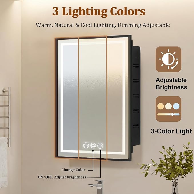 LED Medicine Cabinet Mirror, 22x30 Black Bathroom Storage Cabinet | Anti-fog mirror, Dimmable & 3 color lighting, adjustable shelves, plug in & wall switch, recessed & wall mounted installation