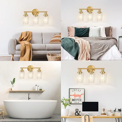 Brushed Brass Bathroom Wall Light Fixtures 3 Lights Vanity Wall Sconce with Clear Glass Shade Modern Farmhouse Wall Lamp for Bathroom Mirror Kitchen Living Room Workshop