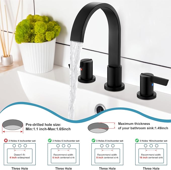 Midanya 8 Inch Widespread Bathroom Sink Faucet 3 Hole,Matte Black | Waterfall Swivel Spout,2 Handle,SUS304,with Pop Up Drain,cUPC 24" Water Hose,for 6-16” hole distance vanity,RV,Farmhouse Sink