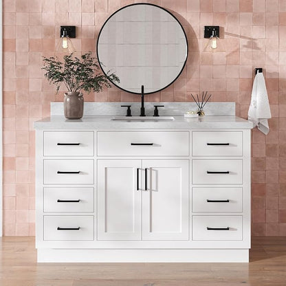 DKB Isabella 54" White Single Bathroom Vanity with Sink, 1.5" Italian Carrara Marble Countertop, Rectangular Undermount Sink, 2 Soft Closing Doors, 8 Dovetail Drawers, 1 Tilt Drawer