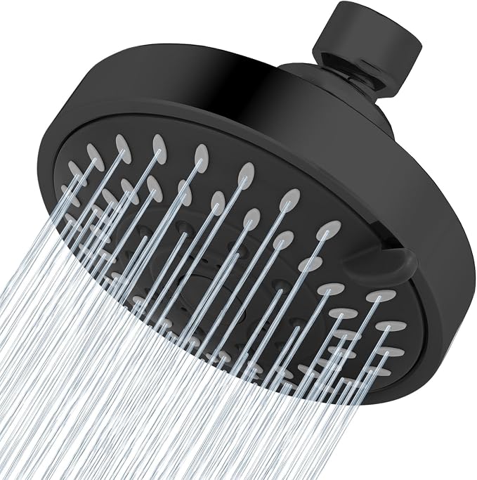 Voolan High Pressure Shower Head - 4 Inch Rain Showerhead - High Flow Bathroom Shower with 5 Spray Settings For a Luxury Showering Experience Even with Low Water Pressure (Black)