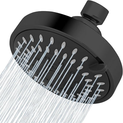 Voolan High Pressure Shower Head - 4 Inch Rain Showerhead - High Flow Bathroom Shower with 5 Spray Settings For a Luxury Showering Experience Even with Low Water Pressure (Black)