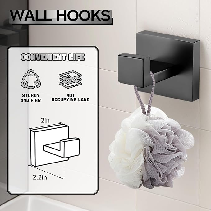 10-Piece Matte Black Bathroom Hardware Accessories Set Including 23.6 Inch Bath Towel Bar, Towel Rings, Bath Toilet Paper Holders, Robe Towel Hooks Set for Bathroom Stainless Steel Wall Mounted