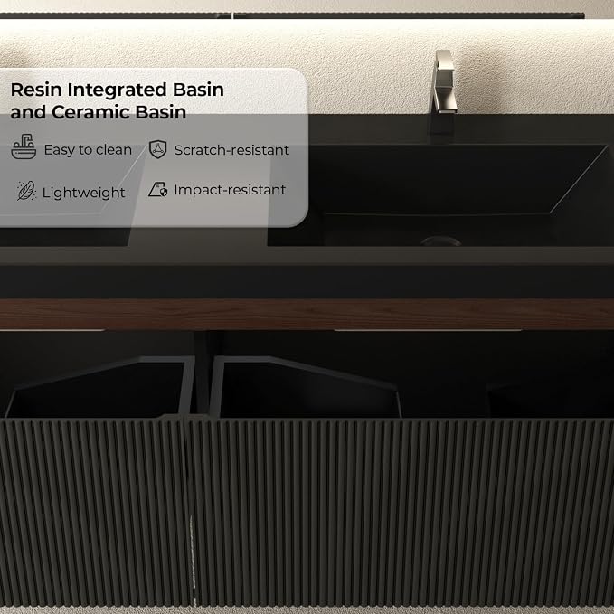 72 Inch Floating Bathroom Vanity with Double Sinks, Wall Mounted Striped Storage Cabinet, Soft Close Drawer, Black Quartz Sand Basin, Fully Assembled, Smoked Walnut Finish